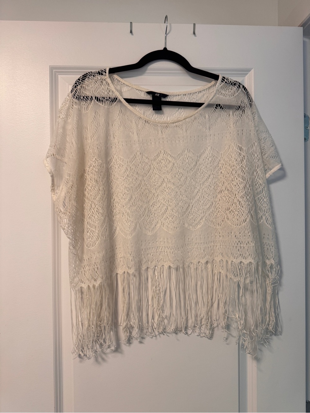 H&M White Crochet Fringe Tee